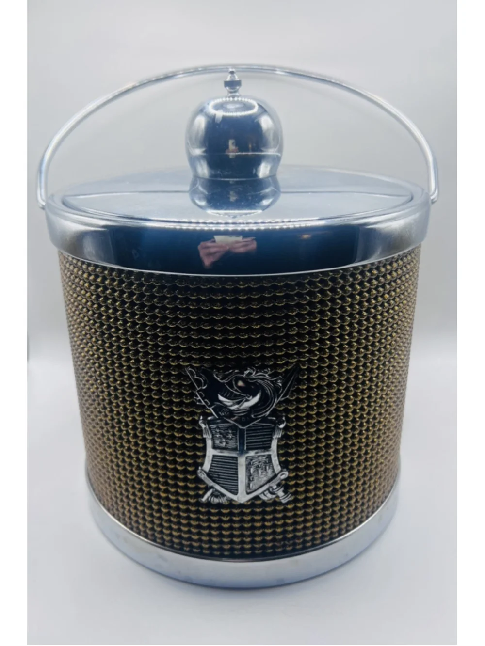Vintage Chrome MCM Ice Bucket Bronze Silver Beaded Crest Shield w/ Lid & Handle